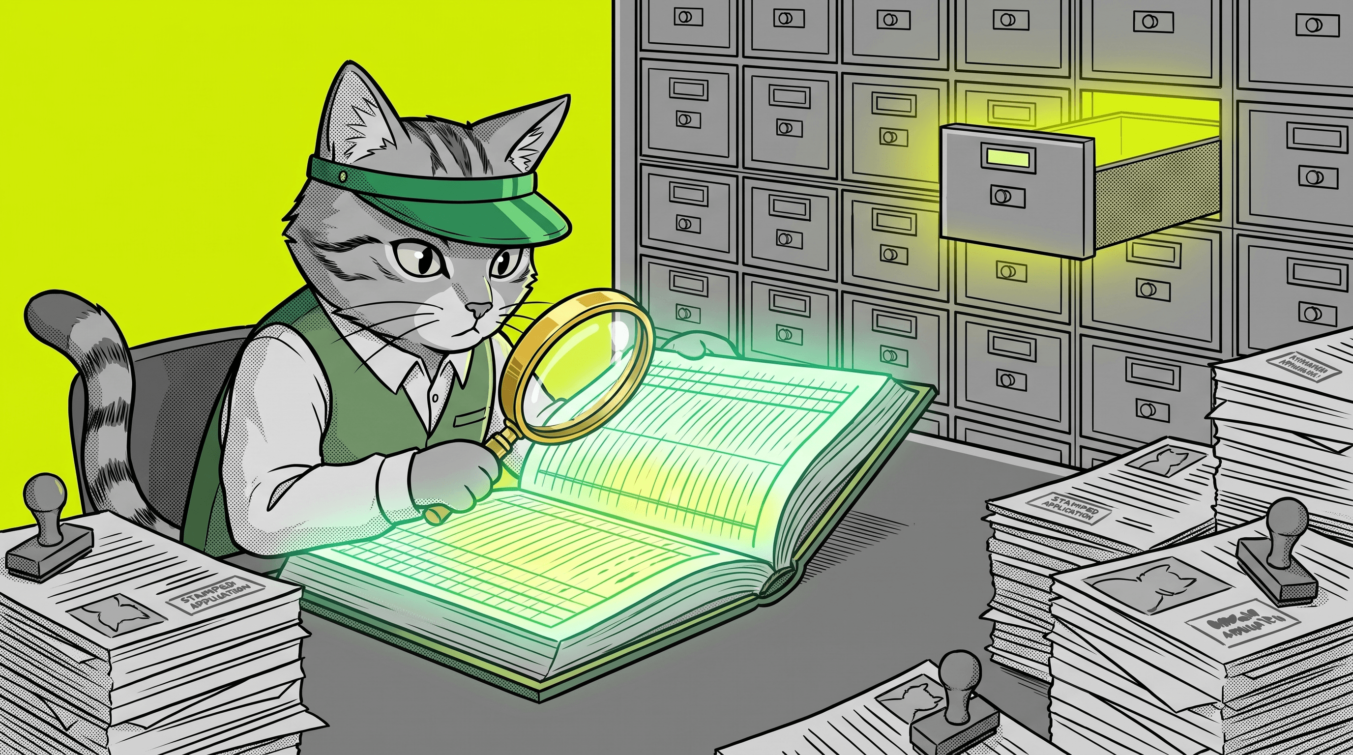 A clerk of the Reserve examining the ledger wall with a magnifying glass